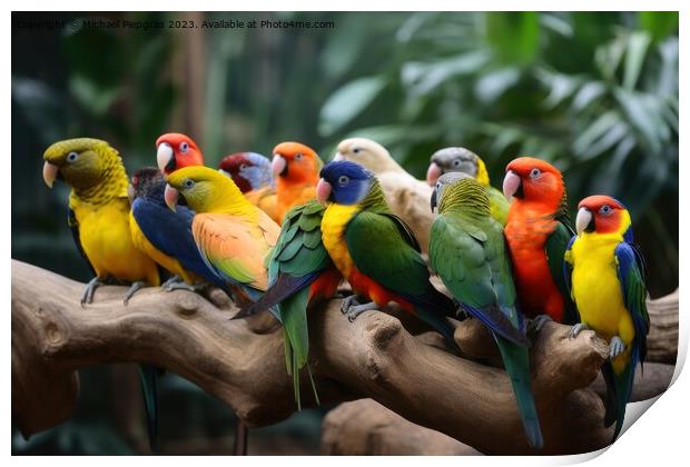 Many colourful different tropical birds sitting together on a br Print by Michael Piepgras