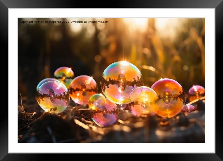 Many colourful soap bubbles in close up against a spring backgro Framed Mounted Print by Michael Piepgras