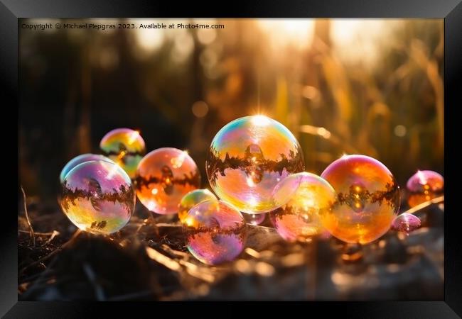 Many colourful soap bubbles in close up against a spring backgro Framed Print by Michael Piepgras