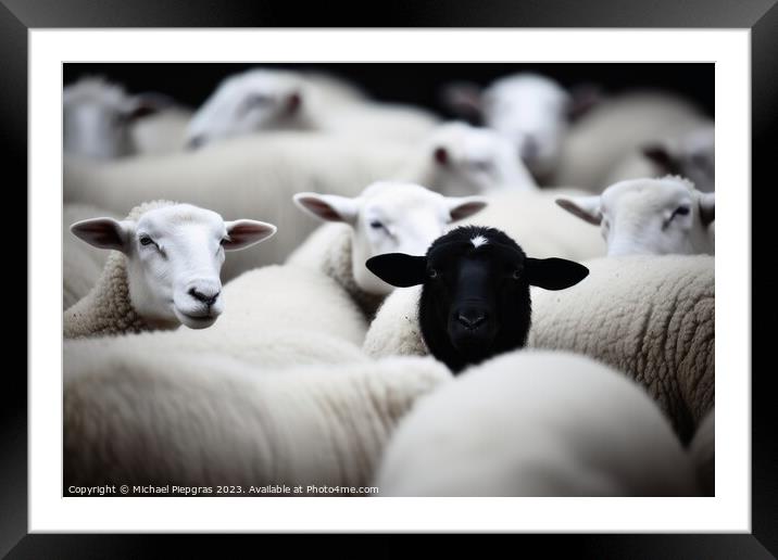 One black sheep in a herd of white sheep. Framed Mounted Print by Michael Piepgras