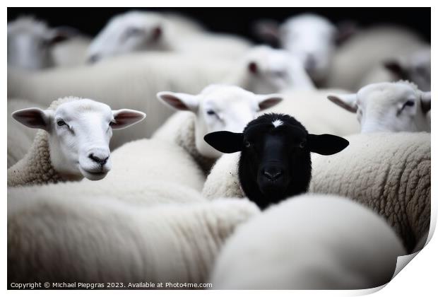 One black sheep in a herd of white sheep. Print by Michael Piepgras