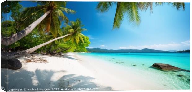 Panoramic tropical beach with palm trees created with generative Canvas Print by Michael Piepgras