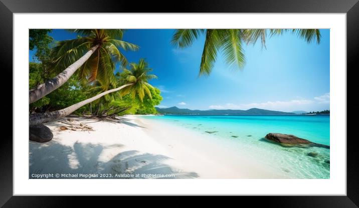 Panoramic tropical beach with palm trees created with generative Framed Mounted Print by Michael Piepgras