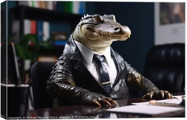 Portrait of a crocodile in a business suit office background cre Canvas Print by Michael Piepgras