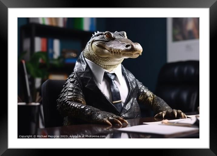 Portrait of a crocodile in a business suit office background cre Framed Mounted Print by Michael Piepgras