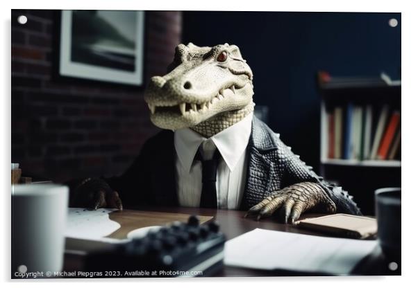 Portrait of a crocodile in a business suit office background cre Acrylic by Michael Piepgras