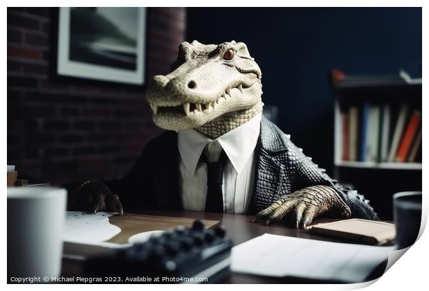 Portrait of a crocodile in a business suit office background cre Print by Michael Piepgras