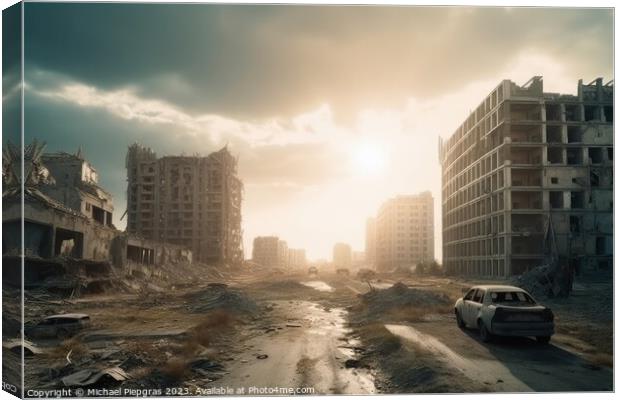 Post apocalyptic and destroyed buildings in a big city created w Canvas Print by Michael Piepgras