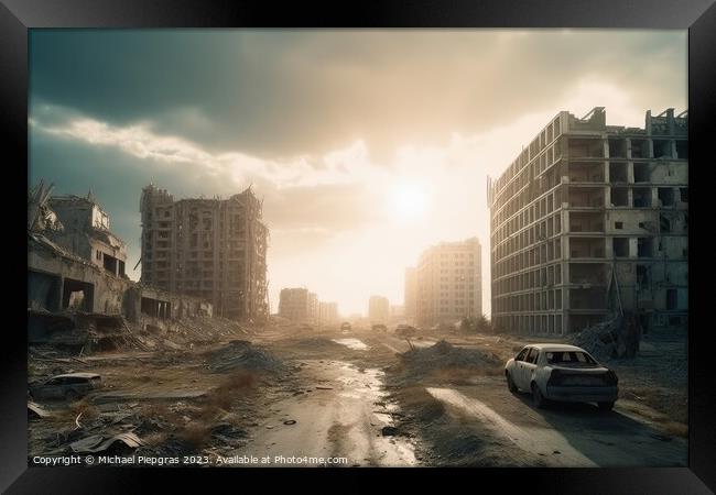 Post apocalyptic and destroyed buildings in a big city created w Framed Print by Michael Piepgras