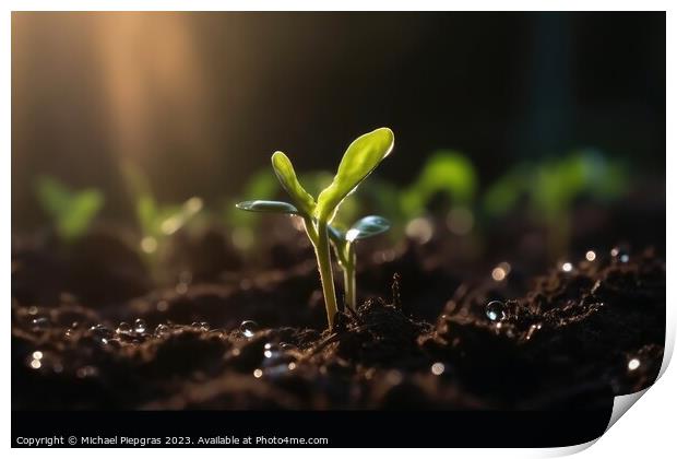 Seedling in dark soil with a drop of water in the sunlight creat Print by Michael Piepgras