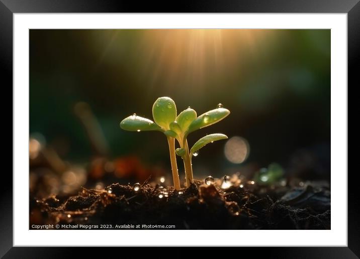Seedling in dark soil with a drop of water in the sunlight creat Framed Mounted Print by Michael Piepgras