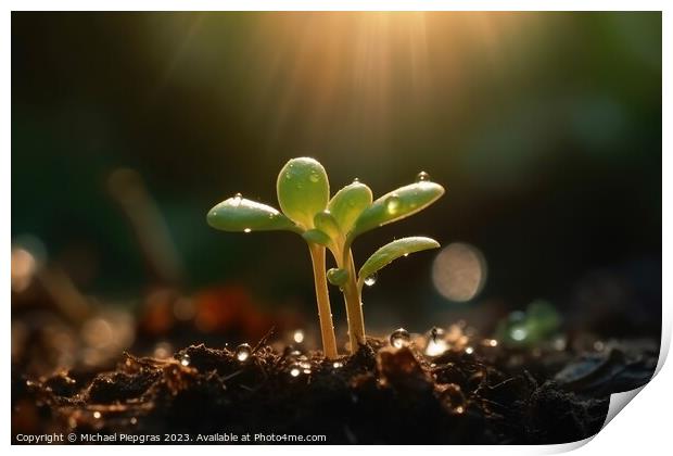 Seedling in dark soil with a drop of water in the sunlight creat Print by Michael Piepgras
