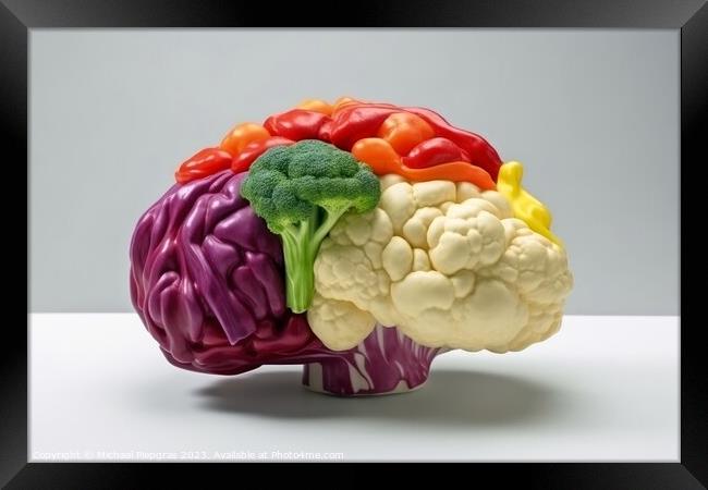 Side view of a human brain made of fresh vegetable on a white ba Framed Print by Michael Piepgras