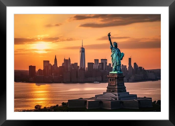 Skyline of Manhattan during sunset in New York with the big Stat Framed Mounted Print by Michael Piepgras