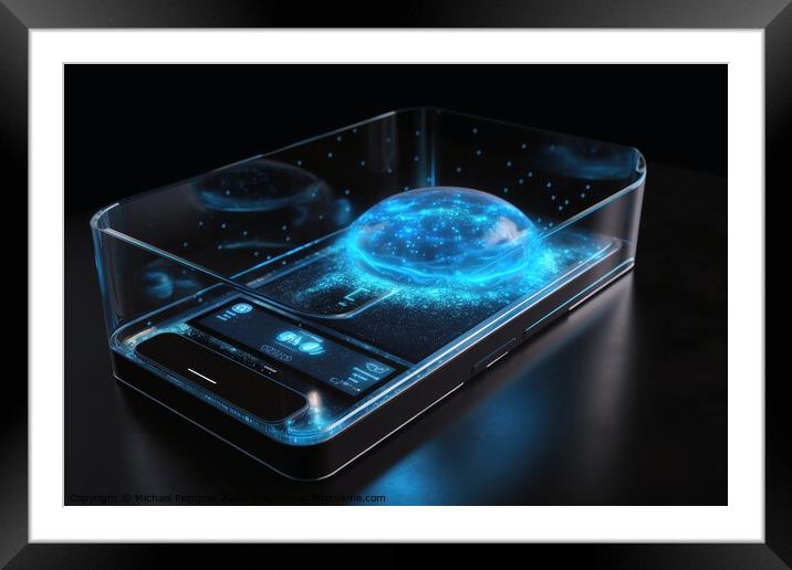 Smartphone with a holographic display created with generative AI Framed Mounted Print by Michael Piepgras