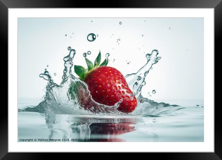 Strawberries falling into water with splashes on a white backgro Framed Mounted Print by Michael Piepgras