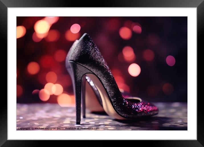 Stylish high heel shoes with glitter and bokeh lights created wi Framed Mounted Print by Michael Piepgras
