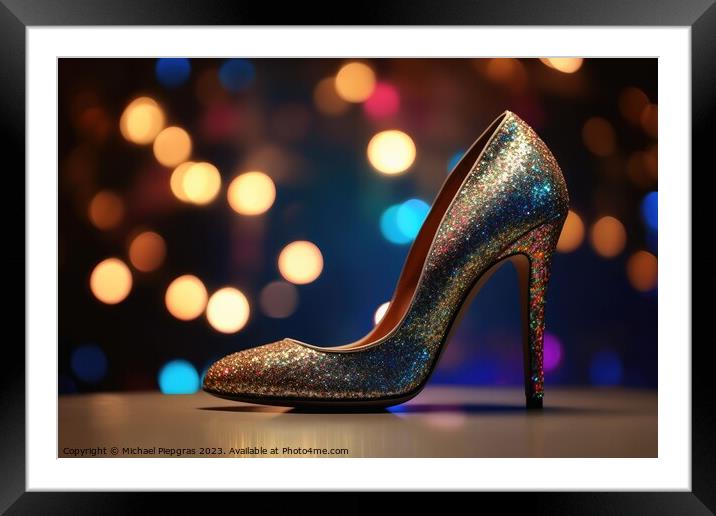 Stylish high heel shoes with glitter and bokeh lights created wi Framed Mounted Print by Michael Piepgras