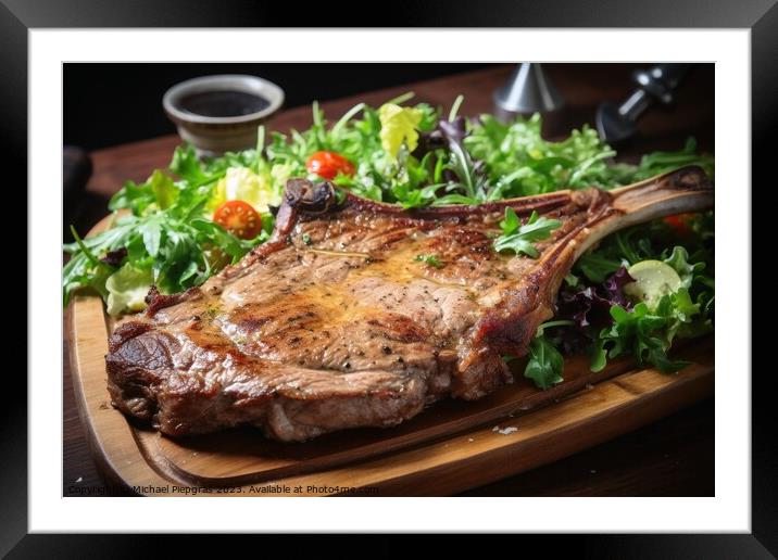 Tasty T Bone steak on a plate with some salad created with gener Framed Mounted Print by Michael Piepgras
