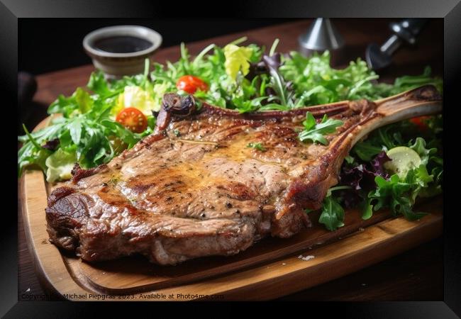 Tasty T Bone steak on a plate with some salad created with gener Framed Print by Michael Piepgras