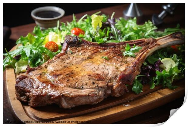 Tasty T Bone steak on a plate with some salad created with gener Print by Michael Piepgras