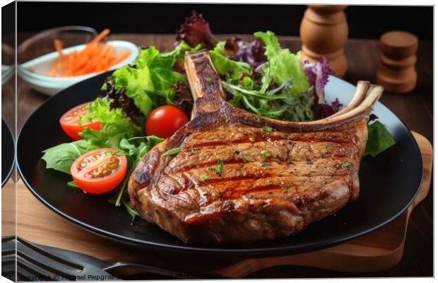 Tasty T Bone steak on a plate with some salad created with gener Canvas Print by Michael Piepgras
