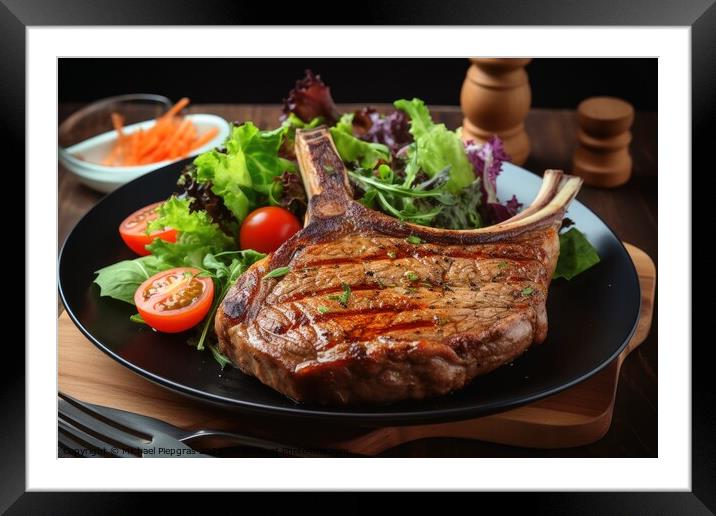 Tasty T Bone steak on a plate with some salad created with gener Framed Mounted Print by Michael Piepgras