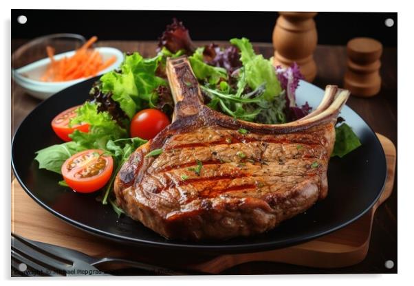 Tasty T Bone steak on a plate with some salad created with gener Acrylic by Michael Piepgras