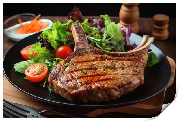 Tasty T Bone steak on a plate with some salad created with gener Print by Michael Piepgras