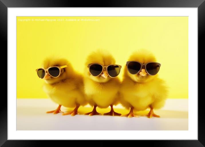 Three yellow chicks with sunglasses created with generative AI t Framed Mounted Print by Michael Piepgras