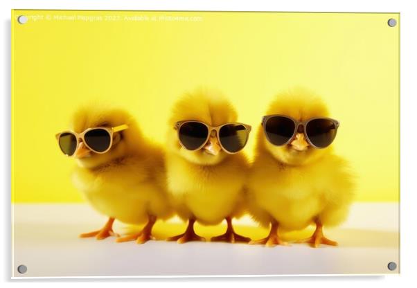 Three yellow chicks with sunglasses created with generative AI t Acrylic by Michael Piepgras