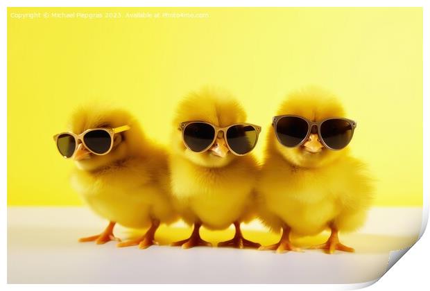 Three yellow chicks with sunglasses created with generative AI t Print by Michael Piepgras
