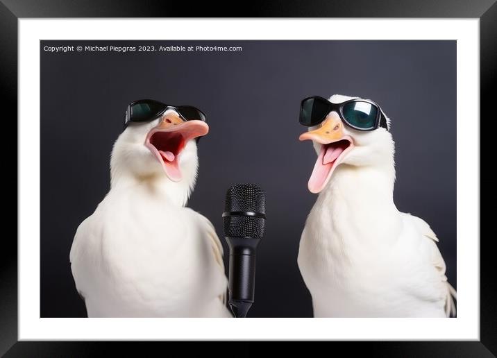 Two white goose singing a song created with generative AI techno Framed Mounted Print by Michael Piepgras