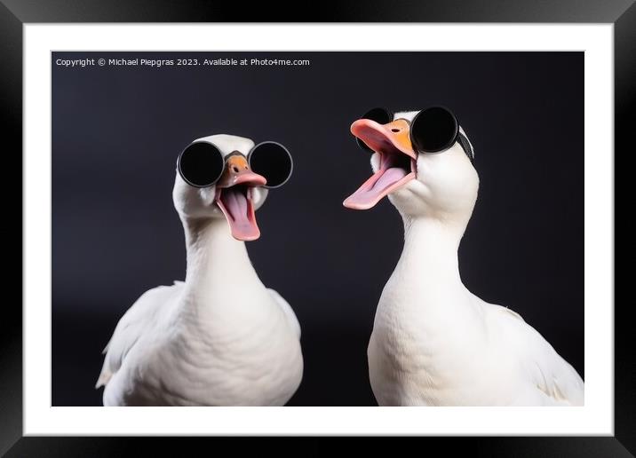 Two white goose singing a song created with generative AI techno Framed Mounted Print by Michael Piepgras