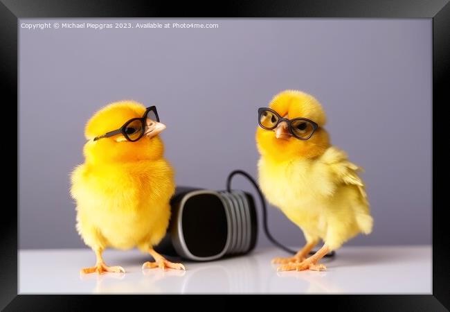 Two yellow chicks with sunglasses singing a song created with ge Framed Print by Michael Piepgras