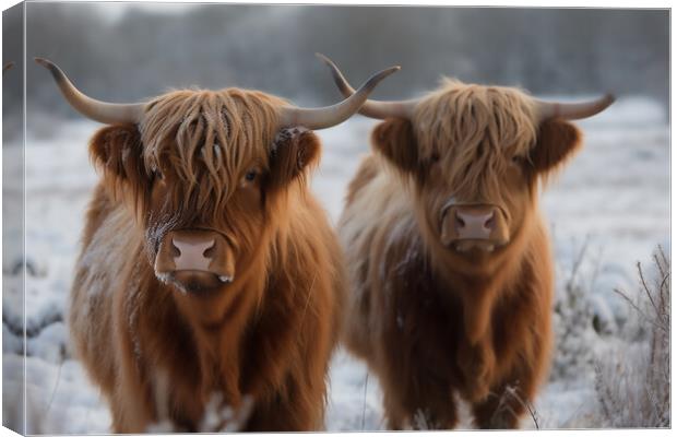 Highland Cows In The Snow 1 Canvas Print by Picture Wizard