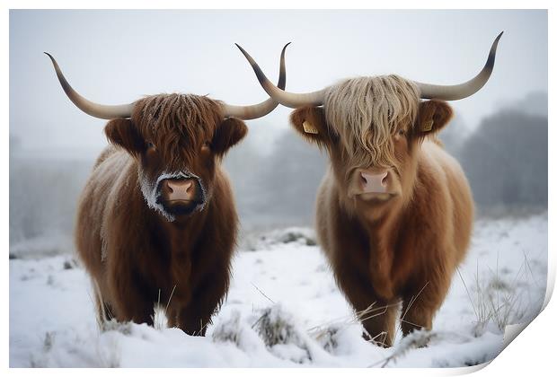 Highland Cows In The Snow 2 Print by Picture Wizard