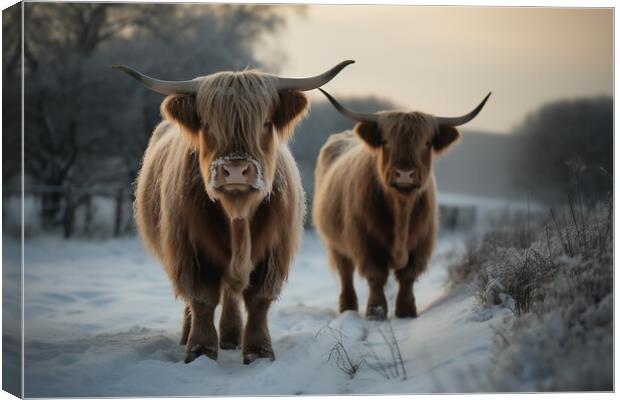 Highland Cows In The Snow 3 Canvas Print by Picture Wizard