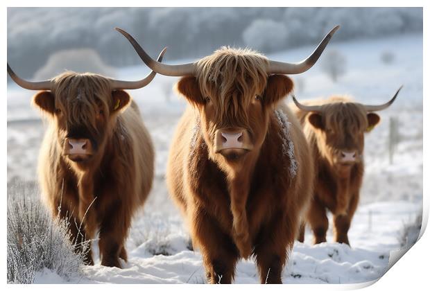 Highland Cows In The Snow 4 Print by Picture Wizard