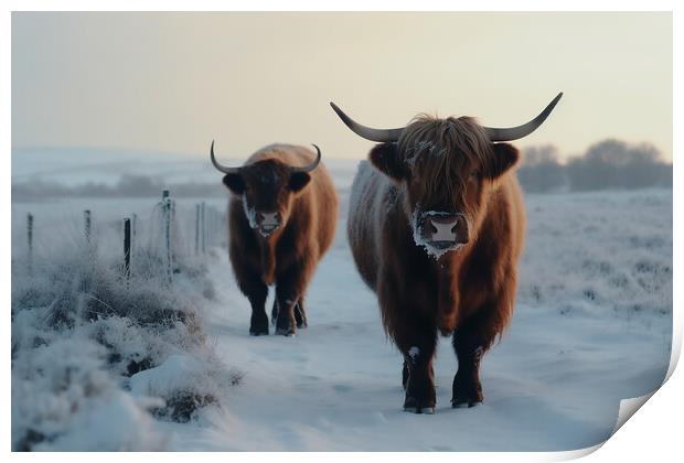 Highland Cows In The Snow 5 Print by Picture Wizard