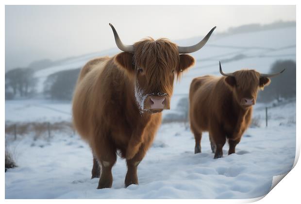 Highland Cows In The Snow 6 Print by Picture Wizard