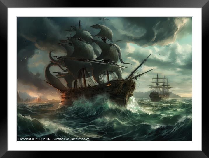 Ship on Stormy Sea Framed Mounted Print by Craig Doogan Digital Art