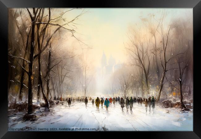 A Crowd In Winter - Central Park New York Framed Print by Robert Deering