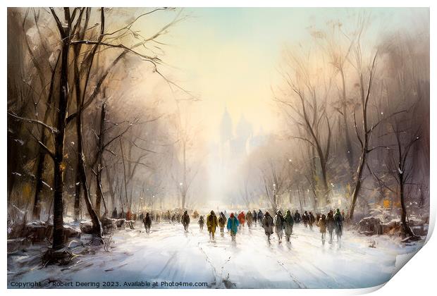 A Crowd In Winter - Central Park New York Print by Robert Deering