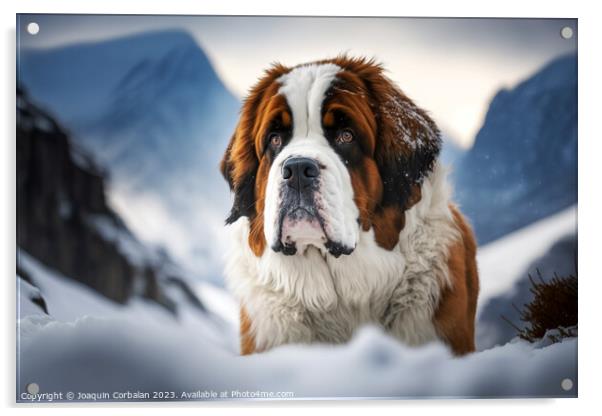 A Saint Bernard dog on the snow. Ai generated. Acrylic by Joaquin Corbalan