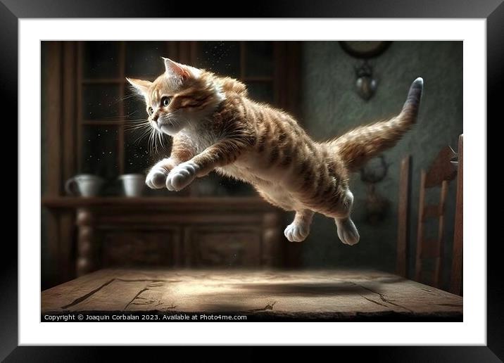 Kitten jumping in the air inside a house. Ai gener Framed Mounted Print by Joaquin Corbalan