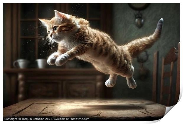 Kitten jumping in the air inside a house. Ai gener Print by Joaquin Corbalan