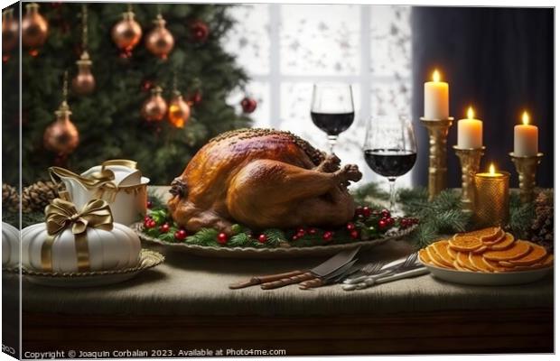 A roast turkey on the table with no one for thanksgiving dinner, Canvas Print by Joaquin Corbalan