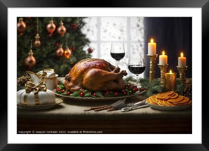 A roast turkey on the table with no one for thanksgiving dinner, Framed Mounted Print by Joaquin Corbalan