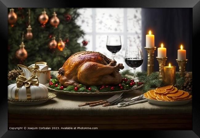A roast turkey on the table with no one for thanksgiving dinner, Framed Print by Joaquin Corbalan